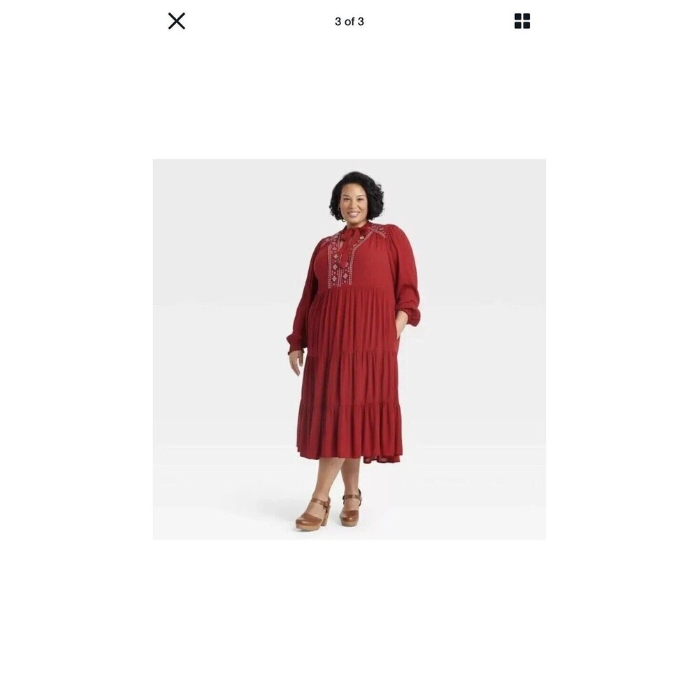Knox Rose Women's Plus Size 3X Long Sleeve Embroidered Boho Midi Dress Red